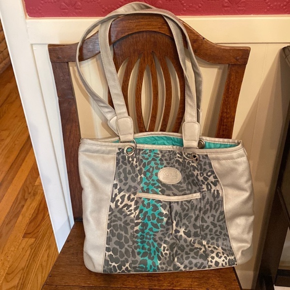Tote in Silver, Bright Sea Green and Shades of Gray with Cheetah Accent